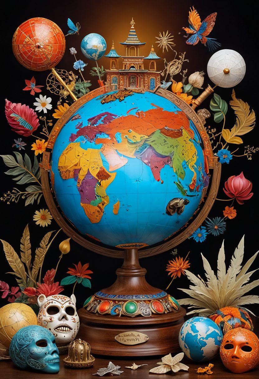 A dynamic globe surrounded by various cultural artifacts such as masks, textiles, and traditional instruments, reflecting Sylvia's journey through diverse landscapes, with vibrant scenes depicting different cultures emanating from the globe. Bright colors to signify the richness of experiences. A warm, inviting atmosphere that sparks curiosity and exploration. super-realistic. vibrant colors. 3D.