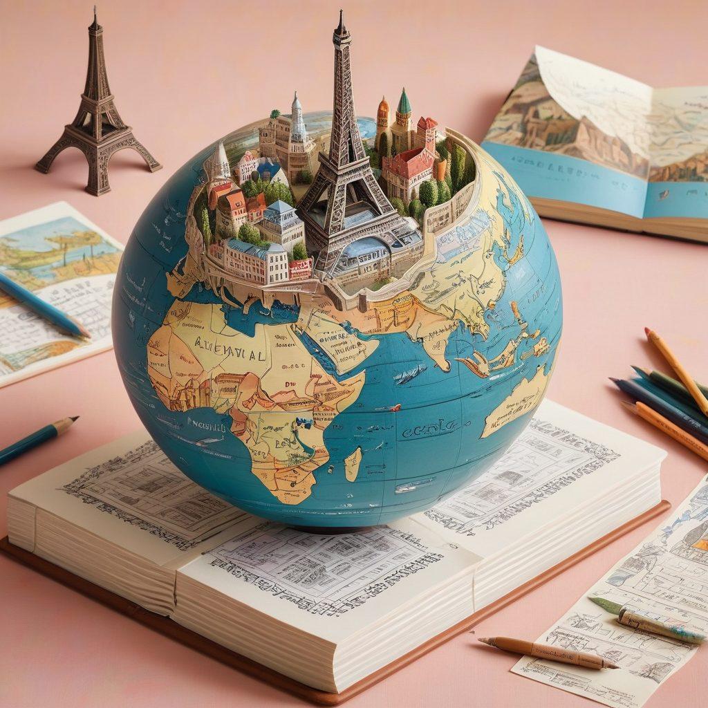 A beautifully illustrated globe surrounded by iconic landmarks from different cultures, such as the Eiffel Tower, the Great Wall of China, and a vibrant market scene with locals. In the foreground, a travel journal with sketches and notes waiting to be filled, suggesting stories yet to be discovered. The setting evokes an adventurous spirit, with soft pastel colors and a hint of wanderlust. painting. vibrant colors.